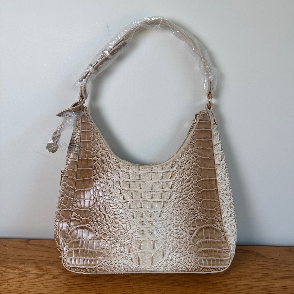 Beige Croc Embossed Faux Leather Hobo Shoulder‎ Bag Handbag Zip Closure - Picture 6 of 13